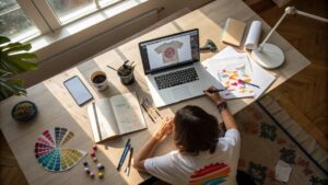 Artist working on digital artwork for t-shirt design using software tools.