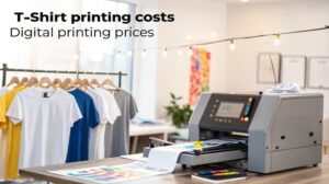 Digital printing machine printing custom t-shirts in bulk, with vibrant designs.