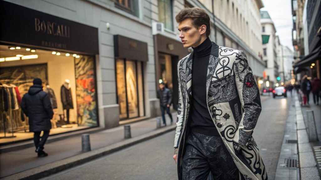 Exclusive men's designer urban clothing showcasing premium materials and unique streetwear designs.
