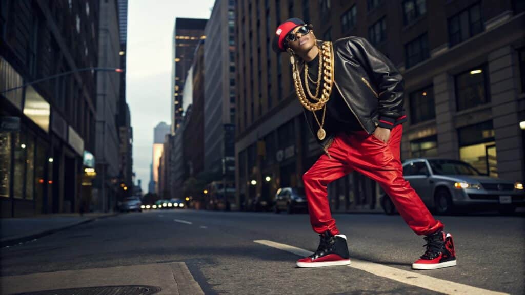 Hip hop fashion featuring bold colors, oversized clothing, and statement accessories.