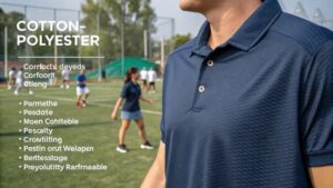 Chart comparing different fabric blends for high-quality polo shirts, including cotton-polyester, cotton-spandex, and bamboo-cotton.