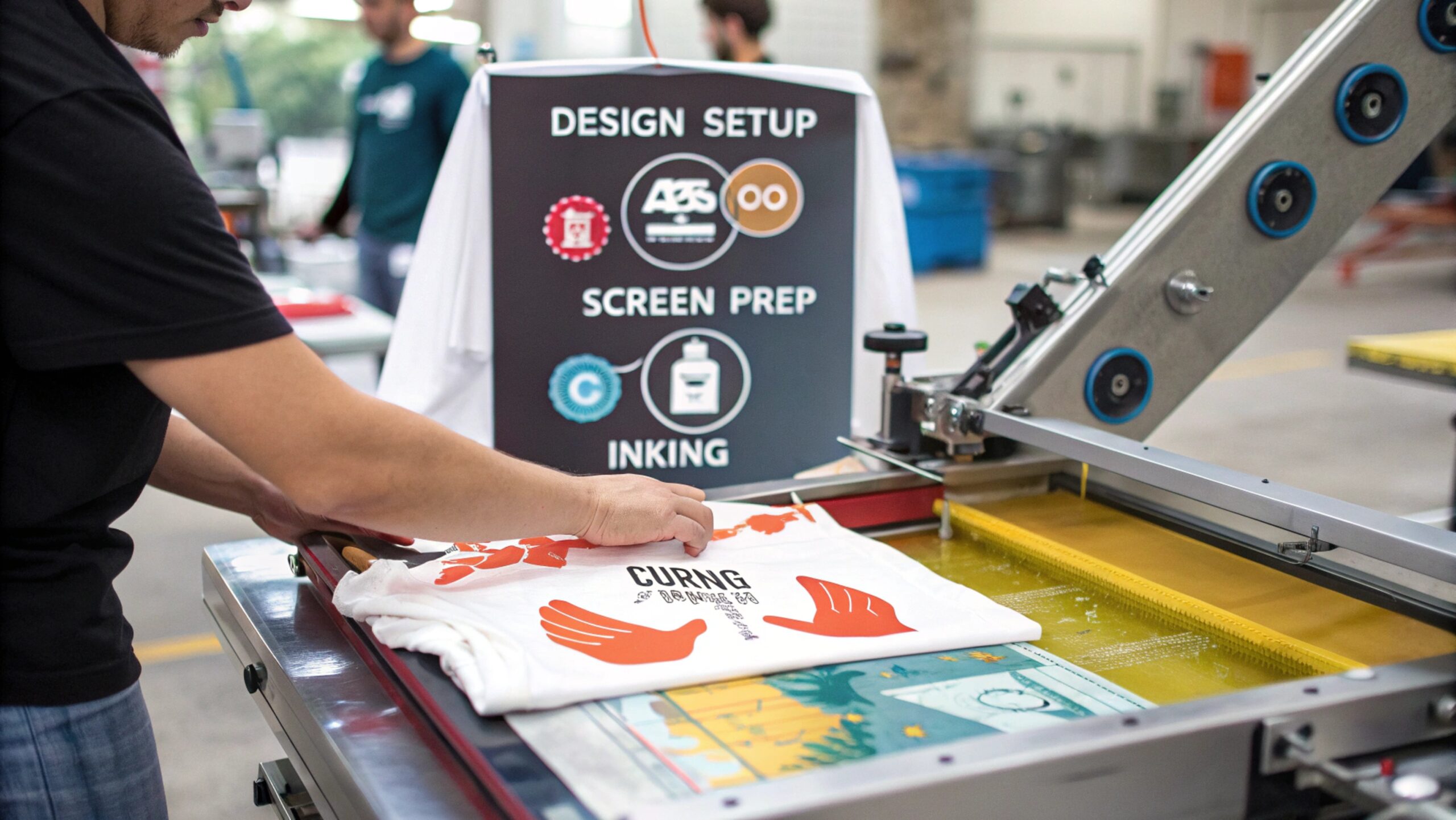 DIY screen printing setup with mesh screens, squeegees, and a t-shirt being printed.
