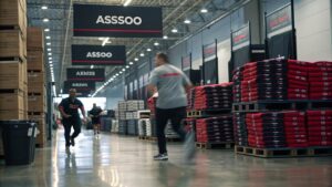 A bustling apparel warehouse with neatly stacked T-shirts