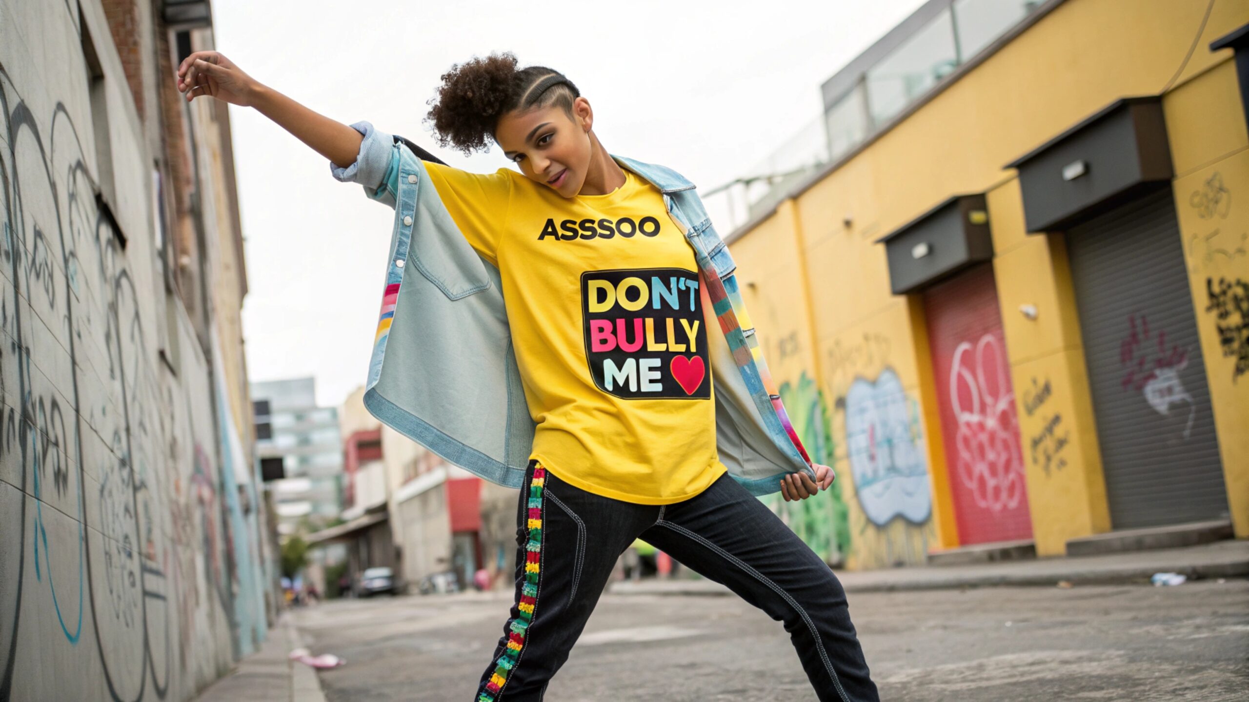 A teen wearing a vibrant ‘Don’t Bully Me’ shirt with bold text