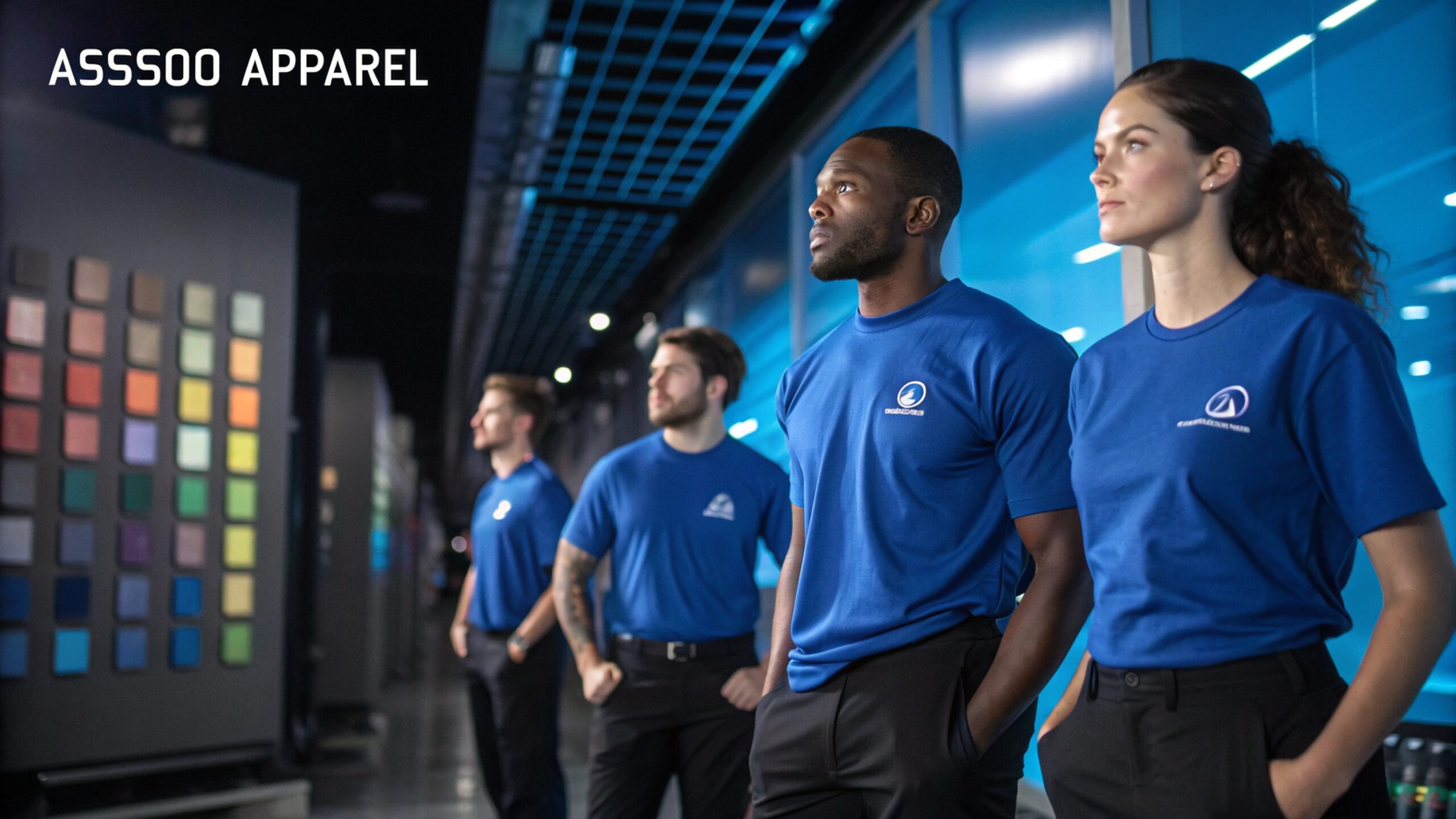 Apple Store employee in blue T-shirt showcasing branding