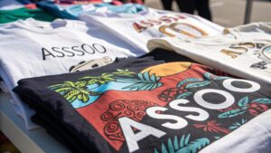 Group of friends wearing vibrant custom t-shirts with unique designs