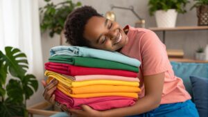 Person holding a soft t-shirt with vinegar and dryer balls nearby