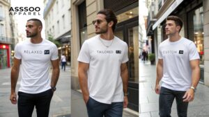 Man wearing a fitted white T-shirt from ASSSOO APPAREL