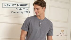 Man wearing a navy Henley T-shirt with jeans, showcasing casual style