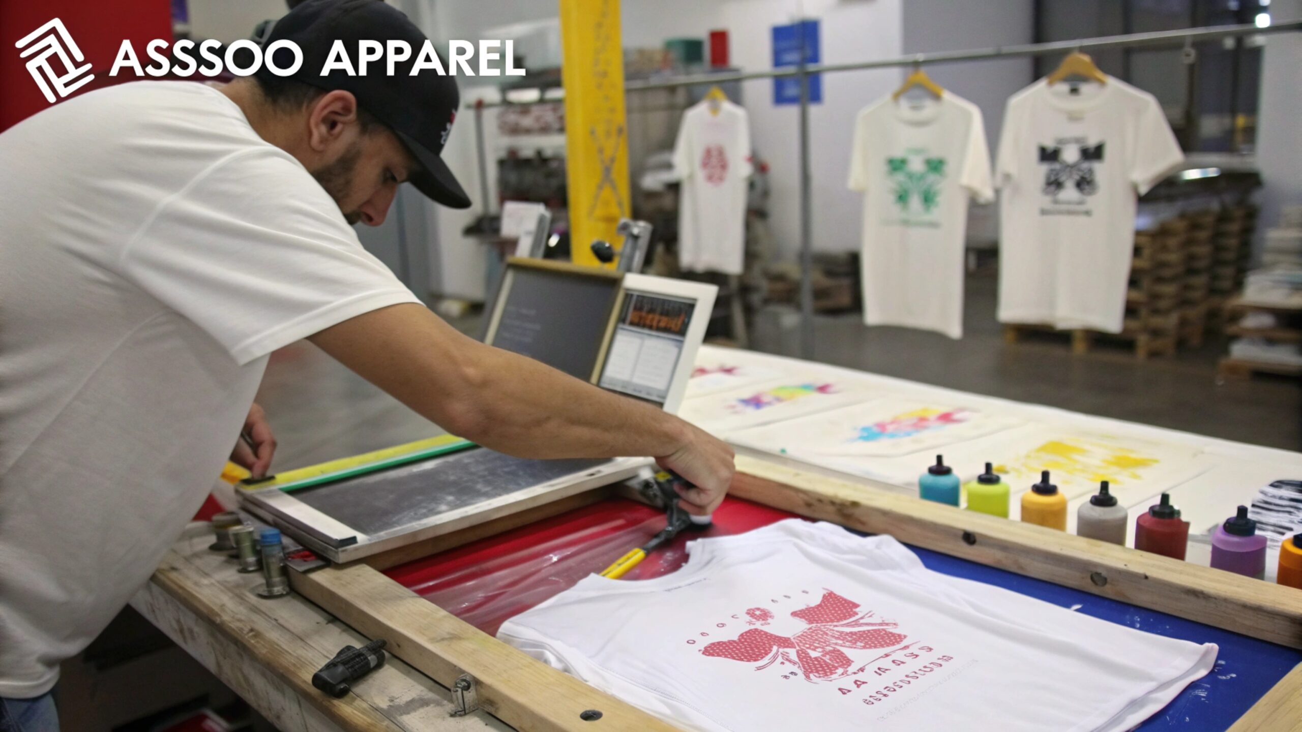 Screen printing T-shirt process with vibrant ink on cotton fabric