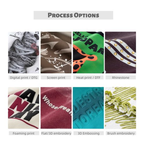 Digital print / DTG Screen print Heat print / DTF Rhinestone Foaming print Flat/3D embroidery  3D Embossing Brush embroidery